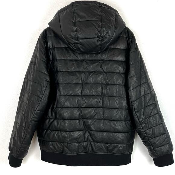 DNKY Men’s Puffer Stadium Jacket Coat Faux Leather Hoodie Winter Black Large - Picture 3 of 13